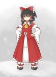  &gt;:) adapted_costume alternate_costume ascot black_hair bow brown_eyes clog_sandals detached_sleeves hair_bow hakurei_reimu hands_on_hips jersey miko nice short_hair solo sparkle touhou track_jacket track_pants track_suit 