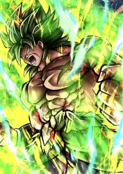  1boy aura broly_(dragon_ball_super) clenched_hands dragon_ball dragon_ball_super dragon_ball_super_broly green_hair highres legendary_super_saiyan male_focus medium_hair muscular muscular_male n_k0918 powering_up scar scar_on_cheek scar_on_face solo spiky_hair super_saiyan 