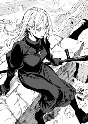  1boy 1girl armor boots bridge commentary cross-laced_footwear dress earrings fortress frown greyscale highres holding holding_staff jewelry juliet_sleeves lace-up_boots lilisen_(tower_dungeon) long_hair long_sleeves looking_up monochrome pendant puffy_sleeves ruins saeki_shun shield sitting staff stone_bridge tower_dungeon v-shaped_eyebrows yuva_(tower_dungeon) 