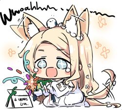 +_+ 1girl :d animal_ears bird blonde_hair blue_archive blue_eyes blush_stickers calendar_(object) chibi commentary confetti detached_sleeves english_text flower forehead fox_ears fox_girl fox_tail hair_flower hair_ornament halo happy happy_tears long_hair long_sleeves looking_at_viewer parted_bangs party_popper release_celebration seia_(blue_archive) seiza sesield sidelocks simple_background sitting sketch sleeves_past_fingers sleeves_past_wrists smile solo tail tail_wagging tears white_background wide_sleeves 