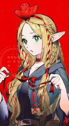  1girl :o belt blonde_hair blue_capelet braid capelet dungeon_meshi elf gapamopa green_eyes hashtag-only_commentary highres long_hair looking_ahead marcille_donato pointy_ears red_background red_ribbon ribbon ribbon_braid solo upper_body watermark 