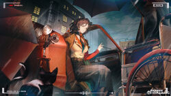  1girl 1other battery_indicator belt black_cat black_hair black_pantyhose black_umbrella brown_belt brown_coat brown_vest building car cat coat coat_on_shoulders convertible feet_out_of_frame grey_skirt highres kuuus long_skirt looking_at_viewer medium_hair motor_vehicle movie_camera neckerchief noire_(reverse:1999) outdoors overcast pantyhose parted_lips plaid_clothes plaid_skirt puppet rain recording red_neckerchief red_shirt reverse:1999 shirt sitting skirt sky solo_focus umbrella vest viewfinder weibo_logo weibo_watermark wheelchair yellow_eyes 