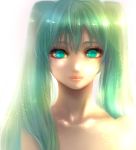  aqua_eyes bonnou-s-rice bust collarbone face glowing glowing_eyes green_eyes green_hair hatsune_miku lips simple_background solo twintails vocaloid 