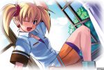  ;d ahoge arcana_heart arm_up bike_shorts blonde_hair blue_eyes blush breasts cleavage cloud curtains demon_girl earrings fang flat_chest hair_ornament jewelry lilica_felchenerow mizuki_gyokuran official_art open_mouth pleated_skirt pointy_ears school_uniform short_hair short_twintails sitting skirt sky smile solo tree twintails watermark window wink 