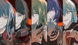  5girls absurdres amoris_(bang_dream!) ascot ave_mujica_(bang_dream!) bang_dream! bang_dream!_it's_mygo!!!!! bead_necklace beads beret black_ascot black_gloves black_hair black_ribbon blonde_hair blue_brooch blue_hair chinese_commentary closed_mouth column_lineup commentary_request doloris_(bang_dream!) earrings gloves green_brooch green_eyes green_hair hair_ribbon hat highres jewelry killkiss_(bang_dream!) long_hair looking_at_viewer medium_hair misumi_uika mortis_(bang_dream!) multiple_girls necklace oblivionis_(bang_dream!) open_mouth pink_eyes purple_hair reaching reaching_towards_viewer red_hat red_shirt ribbon shirt sidelocks timoris_(bang_dream!) togawa_sakiko upper_body variant_set violet_eyes wakaba_mutsumi white_ascot white_shirt yahata_umiri yellow_eyes yuutenji_nyamu zih_ii 