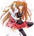  arms_interlocked back-to-back blonde_hair blue_eyes blush heart houjou_hibiki keikotsu locked_arms long_hair minamino_kanade multiple_girls orange_hair precure smile suite_precure thigh-highs thighhighs tight_pants two_side_up white_legwear yuri 