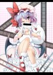  bat_wings biting blush censor_bar censored crossover drooling film_strip hat head_biting highres kyubey letterboxed mahou_shoujo_madoka_magica mary_janes mondo purple_eyes purple_hair remilia_scarlet shoes short_hair touhou violet_eyes wings wink 
