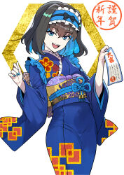  1girl absurdres autoscorer blue_hair blue_kimono brown_hair colored_inner_hair eyebrows_hidden_by_hair flat_chest frilled_hairband frills garie_tuman hair_between_eyes hairband happy_new_year highres holding holding_paper japanese_clothes kimono looking_at_viewer makeup multicolored_hair nail_polish new_year obi open_mouth paper pikumin64 sash senki_zesshou_symphogear sharp_teeth short_hair smile solo teeth two-tone_hair upper_body 