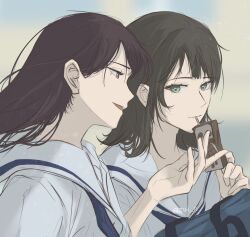  2girls bag bang_dream! bang_dream!_it's_mygo!!!!! black_hair blue_bag blue_eyes blue_neckerchief blue_sailor_collar blue_shirt blurry blurry_background chinese_commentary closed_mouth commentary_request drinking_straw highres holding_carton long_hair medium_hair multiple_girls neckerchief open_mouth purple_hair sailor_collar school_bag shiina_taki shirt sidelocks twitter_username upper_body violet_eyes yahata_umiri zih_ii 