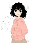  1girl alternate_costume animal_ears black_hair bunny bunny_ears bunny_tail casual contemporary face hands_in_pockets inaba_tewi kuro_oolong messy_hair rabbit short_hair smile solo tail tomboy touhou 