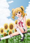  :d arm_support ayama_yuiya bare_shoulders blonde_hair flower hikaru_(houkago_no_pleiades) houkago_no_pleiades mary_janes open_mouth school_uniform shoes sitting skirt sky smile sunflower twintails yellow_eyes yuiya_ayama 