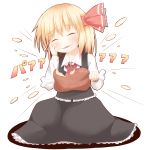  blonde_hair boned_meat closed_eyes eating eyes_closed fang food hair_ribbon happy meat razy_(skuroko) ribbon rumia sitting solo the_embodiment_of_scarlet_devil touhou youkai 