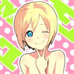  bangs blonde_hair blue_eyes bust erica_hartmann flat_chest kaida_bola looking_at_viewer nude pink_background polka_dot polka_dot_background short_hair smile solo strike_witches v wink 