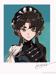  :| a_xing beret black_dress black_hair black_hat blue_background border cape chin_strap closed_mouth dated dress halftone halftone_background hat highres liang_yue_(reverse:1999) long_hair looking_at_viewer low_twintails police police_uniform policewoman reverse:1999 side_cape signature twintails weibo_logo weibo_watermark white_border white_cape yellow_eyes 