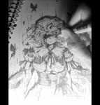  blood breasts butterfly error ghost hands hat japanese_clothes kimono monochrome notebook oso oso_(toolate) pen photo pink_eyes saigyouji_yuyuko short_hair spot_color touhou traditional_media 