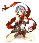  assassin_cross breast_press breasts cleavage finger_to_mouth grey_hair navel ragnarok_online red_eyes scarf short_hair 