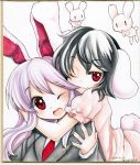  2girls :3 animal_ears black_hair blazer bunny bunny_ears bunny_tail crescent fingernails hair_biting hair_in_mouth hug hug_from_behind inaba_tewi long_hair mosho multiple_girls pink_hair rabbit red_eyes reisen_udongein_inaba shikishi short_hair tail touhou traditional_media watercolor_(medium) wince wink 