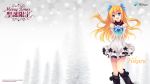  bare_shoulders blonde blonde_hair blue_eyes bow gift hair_bow hair_ribbon highres holding holding_gift long_hair microsoft minidress open_mouth os os-tan outstretched_arms ribbon scarf silverlight snowflakes solo 