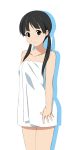  black_hair endou_michiko extra fukuoka_katsumi k-on! long_hair looking_at_viewer mole naked_towel simple_background smile solo towel twintails 