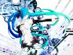  aqua_eyes aqua_hair bridal_gauntlets gradient_hair hair_over_one_eye hand_on_chest hand_on_own_chest hand_to_chest hatsune_miku hatsune_miku_(append) long_hair miku_append mujun_(zipper) multicolored_hair navel necktie outstretched_arm solo thigh-highs thigh_gap thighhighs thighs twintails very_long_hair vocaloid vocaloid_append 