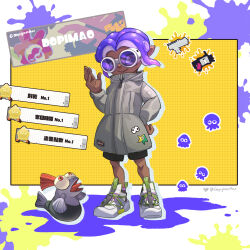  1boy artist_name black_shorts closed_mouth coat dark-skinned_male dark_skin dopi_glasses full_body goggles grey_coat long_sleeves looking_at_viewer male_focus octoling octoling_boy octoling_player_character paint_splatter purple_hair salmonid shoes shorts smallfry_(splatoon) sneakers splashtag_(splatoon) splatoon_(series) splatoon_3 tentacle_hair translation_request 