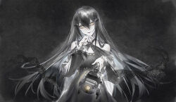  1girl bare_shoulders black_background black_dress black_hair black_nails bright_pupils closed_mouth collarbone criss-cross_halter dandelion_(girls'_frontline) dated dinergate_(girls'_frontline) dress english_commentary girls'_frontline_2:_exilium girls_frontline hair_between_eyes halter_dress halterneck head_tilt highres kistina long_sleeves nail_polish pale_skin pointing pointing_at_viewer puffy_sleeves robot smile solo upper_body white_pupils yellow_eyes 