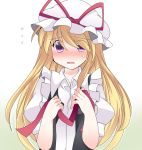  1girl alternate_costume blonde_hair blush commentary_request flying_sweatdrops hammer_(sunset_beach) hat long_hair looking_at_viewer open_mouth ribbon solo touhou violet_eyes yakumo_yukari 
