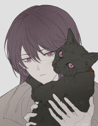  1girl animal bang_dream! bang_dream!_it's_mygo!!!!! black_cat cat chinese_commentary closed_mouth commentary_request grey_background highres holding holding_animal holding_cat looking_at_viewer mole mole_under_eye purple_hair shiina_taki simple_background solo upper_body violet_eyes zih_ii 