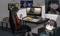  bang_dream! bang_dream!_it's_mygo!!!!! black_hair blue_pants chair character_doll chips_(food) commentary computer cup food highres holding holding_cup long_hair medium_hair monitor mug otaku_room pants potato_chips red_shirt screenshot_inset shiina_taki shirt sitting yahata_umiri zih_ii 