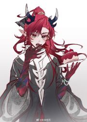  1boy arknights beads bian_shen_a_rao black_horns black_jacket cake cherry chinese_clothes chinese_commentary colored_extremities commentary_request cowboy_shot cream earrings food fruit gradient_background green_eyes grey_background grey_horns hair_intakes highres holding holding_plate horns jacket jewelry long_hair looking_at_viewer male_focus open_mouth plate pointy_ears red_hair solo standing teeth watermark weibo_logo weibo_watermark white_background wide_sleeves yu_(arknights) 