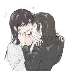  2girls animal_ears bang_dream! bang_dream!_it's_mygo!!!!! black_hair black_jacket brown_hair chinese_commentary closed_eyes commentary_request earrings flying_sweatdrops hand_on_another's_face hands_on_another's_shoulders highres jacket jewelry long_hair looking_at_another multiple_girls open_mouth shiina_taki shirt simple_background upper_body violet_eyes white_background white_shirt yahata_umiri yuri zih_ii 