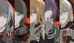  5girls absurdres amoris_(bang_dream!) ascot ave_mujica_(bang_dream!) bang_dream! bang_dream!_it's_mygo!!!!! bead_necklace beads beret black_ascot black_gloves black_hair black_ribbon blonde_hair blue_brooch blue_hair chinese_commentary closed_mouth column_lineup commentary_request doloris_(bang_dream!) earrings gloves green_brooch green_eyes green_hair hair_ribbon hat highres jewelry killkiss_(bang_dream!) long_hair looking_at_viewer medium_hair misumi_uika mortis_(bang_dream!) multiple_girls necklace oblivionis_(bang_dream!) open_mouth pink_eyes purple_hair reaching reaching_towards_viewer red_hat red_shirt ribbon shirt sidelocks timoris_(bang_dream!) togawa_sakiko upper_body variant_set violet_eyes wakaba_mutsumi white_ascot white_shirt yahata_umiri yellow_eyes yuutenji_nyamu zih_ii 