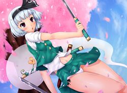  :o absurdres ao_banana bad_id blush cherry_blossoms dual_persona dual_wielding dutch_angle ghost hairband highres katana konpaku_youmu konpaku_youmu_(ghost) legs midriff myon navel panties pantyshot petals purple_eyes sheath side-tie_panties silver_hair solo sword touhou tree underwear violet_eyes wallpaper weapon white_panties 