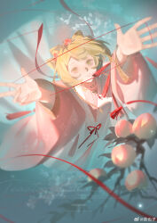  1girl absurdres arms_up blonde_hair blue_background braid branch cat's_cradle cha_ye_zi chinese_clothes closed_mouth flower food from_above fruit full_body green_eyes hair_flower hair_ornament hands_up hanfu highres holding holding_string looking_at_viewer peach pink_flower pink_hanfu reverse:1999 shuangyaji smile solo sotheby string twin_braids watermark weibo_logo weibo_watermark 