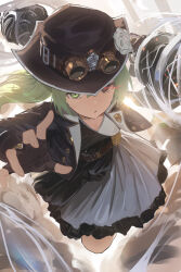  1girl black_dress black_gloves black_jacket commentary_request dress fingerless_gloves flower gloves goggles goggles_on_headwear green_eyes green_hair hat hat_flower heterochromia highres jacket long_hair looking_at_viewer open_clothes open_jacket original parted_lips red_eyes solo two-tone_dress white_dress wiersa 