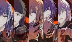  5girls absurdres amoris_(bang_dream!) ascot ave_mujica_(bang_dream!) bang_dream! bang_dream!_it's_mygo!!!!! bead_necklace beads beret black_ascot black_gloves black_hair black_ribbon blonde_hair blue_brooch blue_hair chinese_commentary closed_mouth column_lineup commentary_request doloris_(bang_dream!) earrings gloves green_brooch green_eyes green_hair hair_ribbon hat highres jewelry killkiss_(bang_dream!) long_hair looking_at_viewer medium_hair misumi_uika mortis_(bang_dream!) multiple_girls necklace oblivionis_(bang_dream!) open_mouth pink_eyes purple_hair reaching reaching_towards_viewer red_hat red_shirt ribbon shirt sidelocks timoris_(bang_dream!) togawa_sakiko upper_body variant_set violet_eyes wakaba_mutsumi white_ascot white_shirt yahata_umiri yellow_eyes yuutenji_nyamu zih_ii 