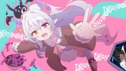 1girl ahoge awa_ben_0521 blue_background blush boots brown_jacket candy candy_print cellphone cherry_blossom_print dragon_horns dragon_tail dress heterochromia indie_virtual_youtuber jacket long_hair momotan nero_grimmlock nomo_(momotan) open_mouth original outstretched_arms pink_background pink_ribbon ribbon slime_(creature) solo star-shaped_pupils stars tail thigh-highs tripping virtual_youtuber white_dress white_hair_ornament
