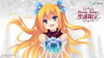  aizawa_hikaru bare_shoulders blonde_hair blue_eyes bow bust gift hair_bow highres holding holding_gift long_hair microsoft open_mouth os os-tan outstretched_arms ribbon silverlight snowflakes solo 