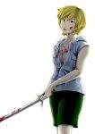  blonde_hair blood breasts cleavage heather_mason highres katana short_hair silent_hill silent_hill_3 simple_background smile solo sword weapon 