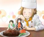  brown_hair carrot chef chef_hat closed_eyes eating eyes_closed hamburger_patty hat k-on! miniboy minigirl myng short_hair sleeves_rolled_up tainaka_ritsu tainaka_satoshi toque_blanche 