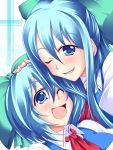  adult blue_eyes blue_hair blush bow cirno cirno-nee dual_persona hair_bow long_hair lozelia multiple_girls open_mouth short_hair smile time_paradox touhou wink 