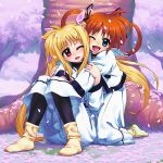  black_legwear blonde_hair blue_eyes brown_eyes cherry_blossoms cozy fate_testarossa highres hug hug_from_behind lyrical_nanoha mahou_shoujo_lyrical_nanoha mahou_shoujo_lyrical_nanoha_a's multiple_girls pantyhose red_hair redhead school_uniform takamachi_nanoha twintails wink 