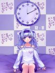  blue blue_eyes blue_hair casual clock copyright_request floral_print hair_bobbles hair_ornament heart long_sleeves short_twintails sitting solo spaghetti_strap tiles twintails 