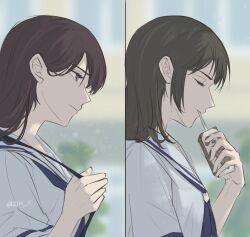 2girls bang_dream! bang_dream!_it's_mygo!!!!! black_hair blue_neckerchief blue_sailor_collar blue_shirt blurry blurry_background chinese_commentary closed_mouth commentary_request drinking_straw drinking_straw_in_mouth hanasakigawa_school_uniform highres holding_carton long_hair medium_hair multiple_girls neckerchief sailor_collar school_uniform serafuku shiina_taki shirt violet_eyes yahata_umiri zih_ii 