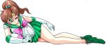  bishoujo_senshi_sailor_moon boots brown_hair green_eyes kino_makoto laying legs lying ponytail sailor_jupiter skirt wink 