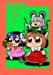  3girls :3 animal_ears bkub blue_hair bow brown_hair bunny_ears carrot cat_ears chen dress eating fishing_rod grey_hair hat inaba_tewi jewelry mouse_ears mouse_tail multiple_girls nazrin open_mouth orange_eyes red_eyes short_hair single_earring smile tail touhou walking 