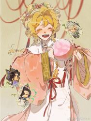  4girls ^_^ a_xing ball black_eyes black_hair blonde_hair braid brown_background chibi chibi_inset chinese_clothes closed_eyes flower hair_flower hair_ornament hair_ribbon hands_up hanfu highres holding holding_ball jiu_niangzi long_hair long_sleeves low_twin_braids multiple_girls official_alternate_costume open_mouth pink_flower pink_hanfu puffy_long_sleeves puffy_sleeves red_ribbon reverse:1999 ribbon robe shuangyaji smile solo_focus sotheby teeth tuesday_(reverse:1999) twin_braids upper_teeth_only weibo_logo weibo_watermark white_hair white_robe windsong_(reverse:1999) 