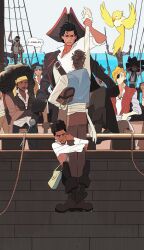  afro animal arm_up arms_behind_head back bag ben_reilly bird black_coat black_footwear black_hair blonde_hair blue_headband blue_vest boots brown_hair cat coat commentary crossed_arms dingnin98201637 eyepatch full_body hair_slicked_back hashtag-only_commentary hat headband highres hobie_brown holding holding_another&#039;s_wrist holding_sword holding_weapon jessica_drew_(spider-man:_across_the_spider-verse) marvel miguel_o&#039;hara miles_morales parrot pavitr_prabhakar peter_b_parker pirate_hat pirate_ship ratline red_vest sash satchel shirt short_hair shroud_(sailing) smile spider-man:_across_the_spider-verse spider-man_(series) spider-verse sweatdrop sword symbol-only_commentary treasure_chest vest waist_sash water_drop weapon white_sash white_shirt yellow_headband 