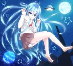  bare_shoulders barefoot blue_eyes blue_hair denpa_onna_to_seishun_otoko denpa_teki_na_kanojo full_moon long_hair moon night night_sky off_shoulder panties shuuichi_(gothics) sky star star_(sky) starry_sky touwa_erio ufo underwear very_long_hair 