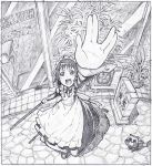  arashiyama_hotori black_hair blush broom foreshortening maid maid_headdress monochrome open_mouth sakino_shingetsu short_hair sketch smile soredemo_machi_wa_mawatteiru traditional_media vulcan_salute 